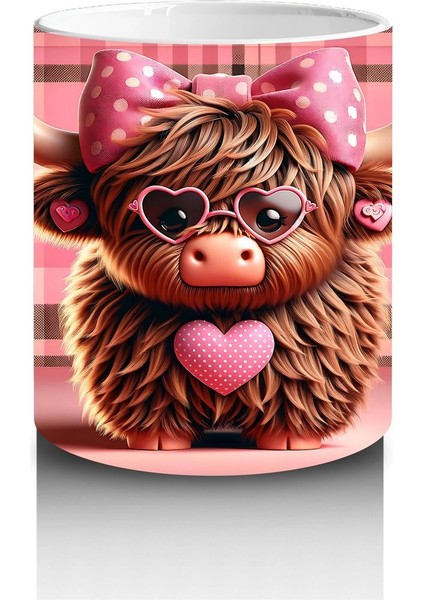 Kareli Fon Önünde Kalp Tutan Tatlı Buzağı – Baskılı Kahve Kupası modelleri