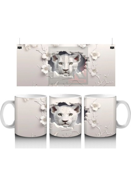 Beyaz Çiçekli Çatlakta Bakan Sevimli Kaplan – Baskılı Kahve Kupası