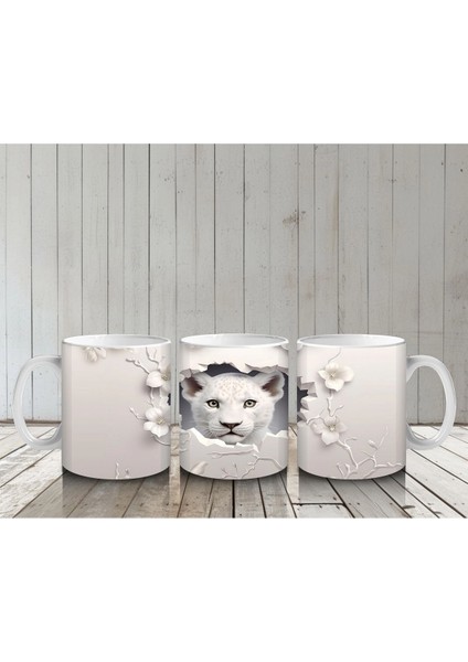Beyaz Çiçekli Çatlakta Bakan Sevimli Kaplan – Baskılı Kahve Kupası