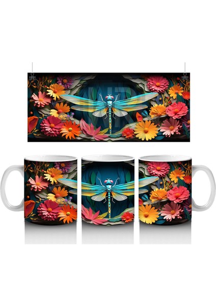 Turuncu Çiçekler Arasında Mavi Yusufçuk – Baskılı Kahve Kupası