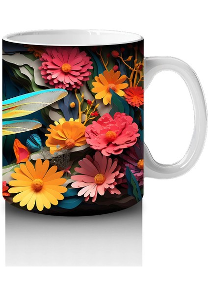 Turuncu Çiçekler Arasında Mavi Yusufçuk – Baskılı Kahve Kupası fırsatları