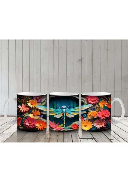 Turuncu Çiçekler Arasında Mavi Yusufçuk – Baskılı Kahve Kupası