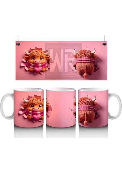 Tatlı Öküz Çiftiyle Pembe Temalı Tasarım - Baskılı Kahve Kupası