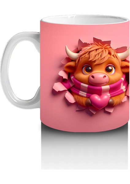 Tatlı Öküz Çiftiyle Pembe Temalı Tasarım - Baskılı Kahve Kupası fiyatları