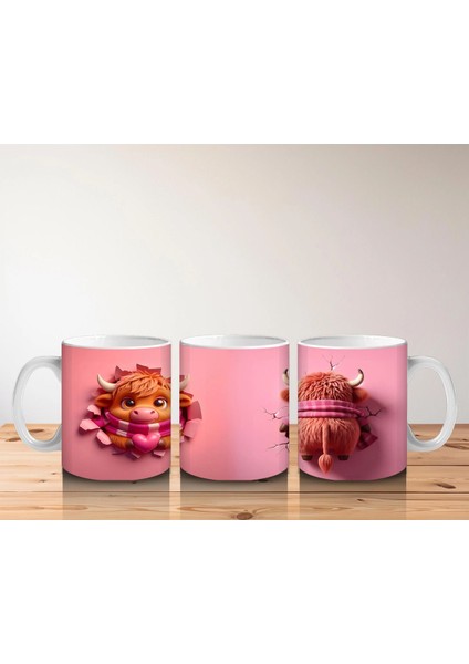Tatlı Öküz Çiftiyle Pembe Temalı Tasarım - Baskılı Kahve Kupası indirimleri