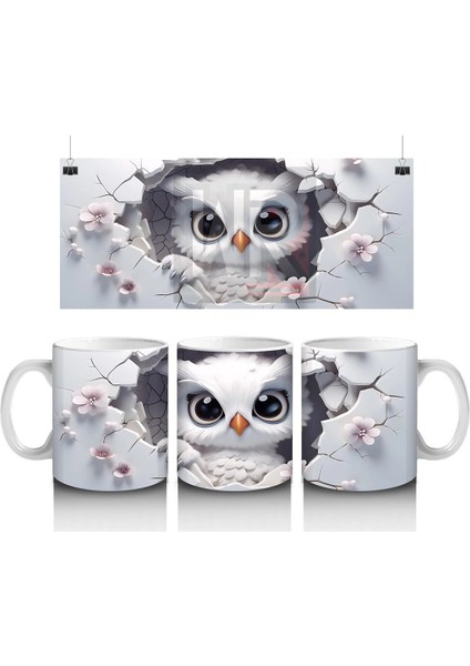 Beyaz Çiçekler Arasında Bakan Bilge Baykuş – Baskılı Kahve Kupası