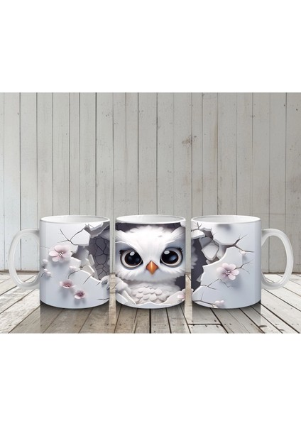 Beyaz Çiçekler Arasında Bakan Bilge Baykuş – Baskılı Kahve Kupası