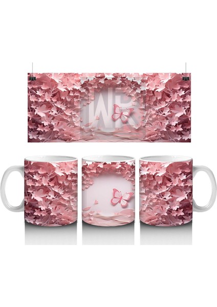 Pembe Çiçeklerle Çevrili Uçan Kelebekler – Baskılı Kahve Kupası