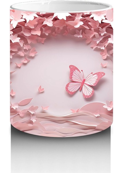 Pembe Çiçeklerle Çevrili Uçan Kelebekler – Baskılı Kahve Kupası modelleri