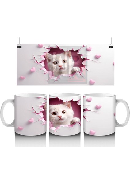 Pembe Kalplerle Çevrili Çift Yavru Kedi – Baskılı Kahve Kupası