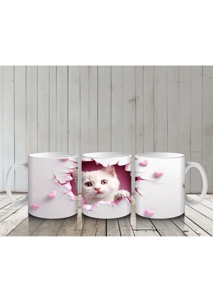 Pembe Kalplerle Çevrili Çift Yavru Kedi – Baskılı Kahve Kupası