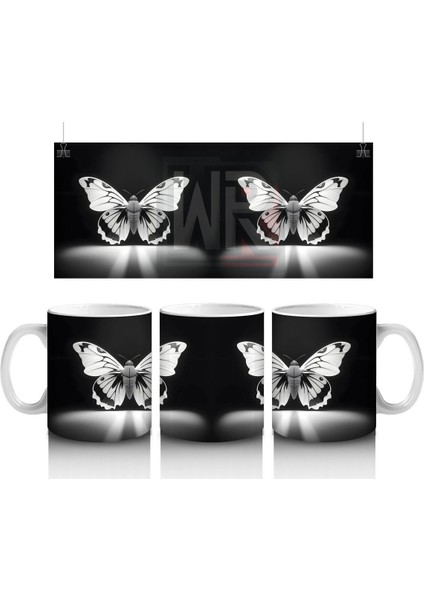 Siyah Zeminde Ayna Yansımalı Gümüş Kelebekler – Baskılı Kahve Kupası