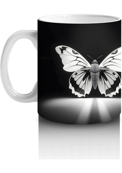 Siyah Zeminde Ayna Yansımalı Gümüş Kelebekler – Baskılı Kahve Kupası fiyatları