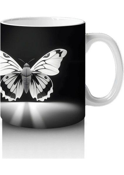 Siyah Zeminde Ayna Yansımalı Gümüş Kelebekler – Baskılı Kahve Kupası fırsatları