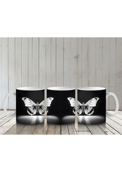 Siyah Zeminde Ayna Yansımalı Gümüş Kelebekler – Baskılı Kahve Kupası