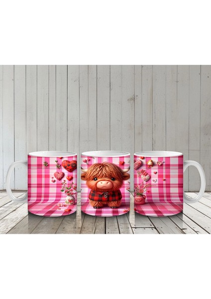 Kareli Pembe Fon ve Kalpli Buzağı – Baskılı Kupa Bardak