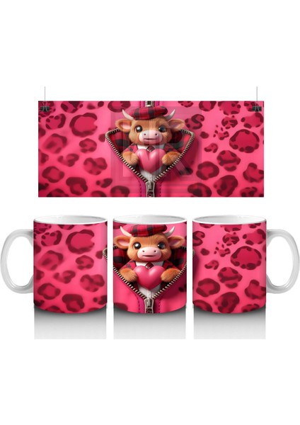 Leopar Desenli Zemin Üzerinde Buzağı Figürü - Baskılı Kahve Kupası