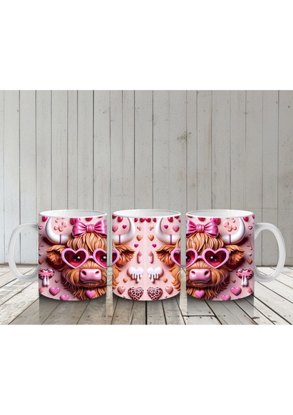 Aşk Temalı Kalpli Gözlük Takmış Sevimli Inek - Baskılı Kahve Kupası