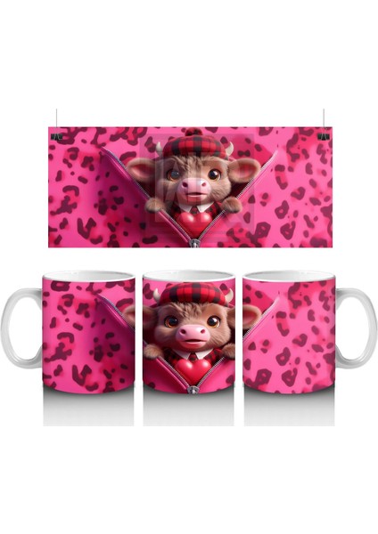 Pembe Leopar Desenli Arka Planda Romantik Ayıcık – Baskılı Kahve Kupası