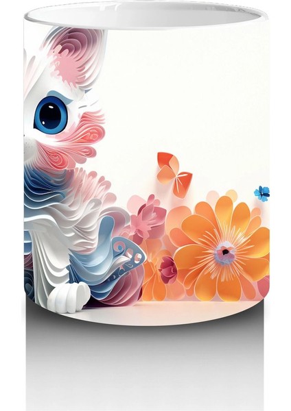 Renkli Çiçeklerle Çevrili Mavi Gözlü Sevimli Çizgi Kedi Kupa modelleri