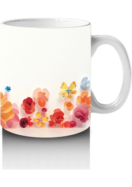 Renkli Çiçeklerle Çevrili Mavi Gözlü Sevimli Çizgi Kedi Kupa fırsatları