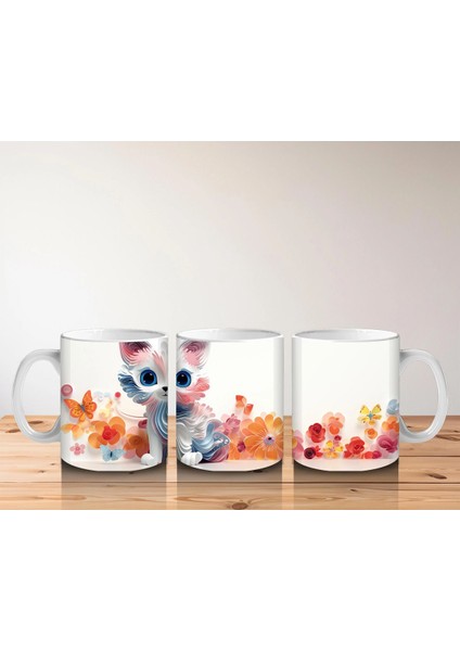 Renkli Çiçeklerle Çevrili Mavi Gözlü Sevimli Çizgi Kedi Kupa indirimleri