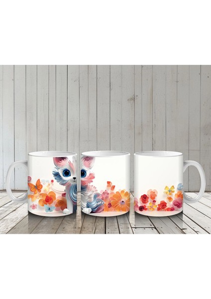 Renkli Çiçeklerle Çevrili Mavi Gözlü Sevimli Çizgi Kedi Kupa