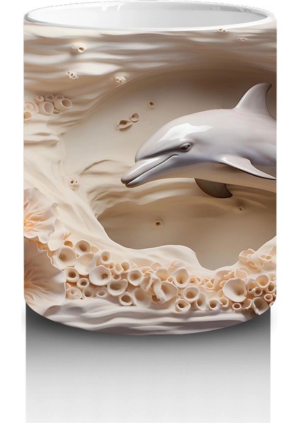 Mercan Kayalıklarında Yüzen Zarif Yunus Desenli Kupa Bardak modelleri