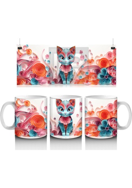 Renkli Çiçekli Desende Mavi Gözlü Kedi – Baskılı Kahve Kupası