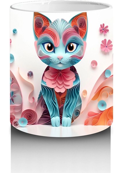 Renkli Çiçekli Desende Mavi Gözlü Kedi – Baskılı Kahve Kupası modelleri