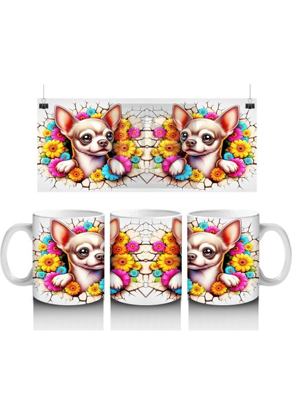 Renkli Çiçeklerle Süslenmiş Chihuahua Deseni - Baskılı Kahve Kupası