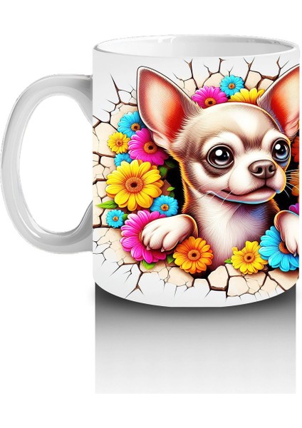 Renkli Çiçeklerle Süslenmiş Chihuahua Deseni - Baskılı Kahve Kupası fiyatları