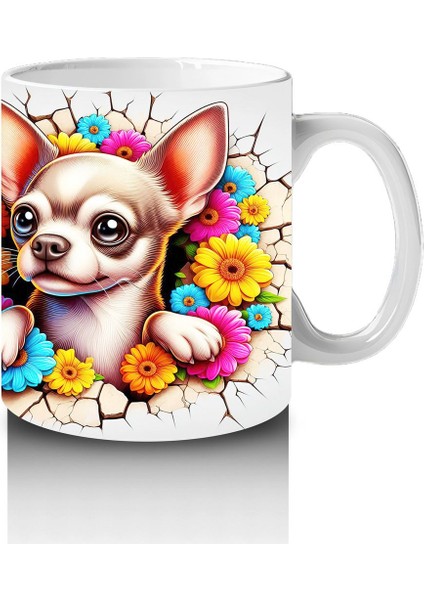 Renkli Çiçeklerle Süslenmiş Chihuahua Deseni - Baskılı Kahve Kupası fırsatları