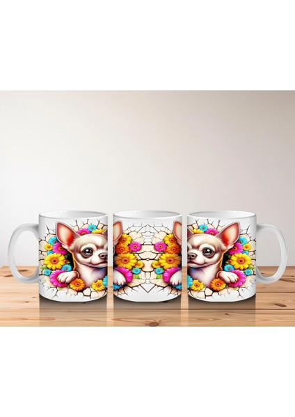 Renkli Çiçeklerle Süslenmiş Chihuahua Deseni - Baskılı Kahve Kupası indirimleri