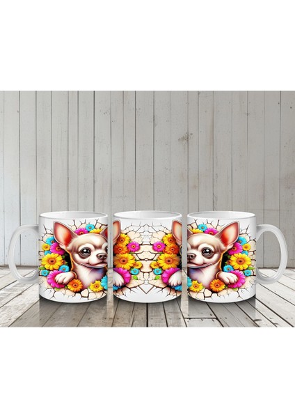 Renkli Çiçeklerle Süslenmiş Chihuahua Deseni - Baskılı Kahve Kupası