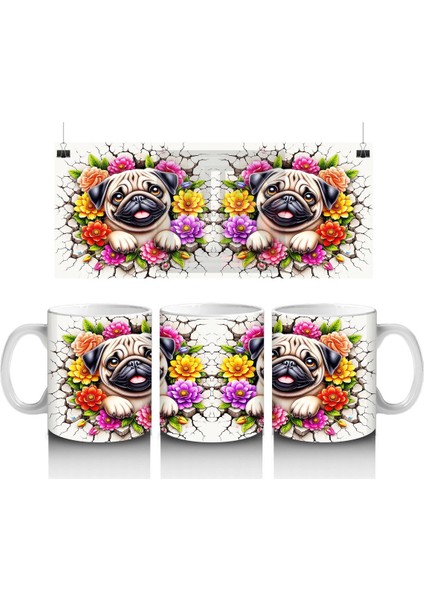 Renkli Çiçeklerle Süslenmiş Sevimli Köpekler – Baskılı Kahve Kupası