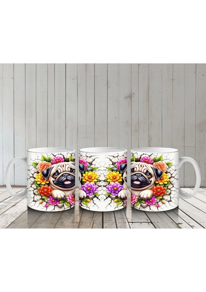Renkli Çiçeklerle Süslenmiş Sevimli Köpekler – Baskılı Kahve Kupası