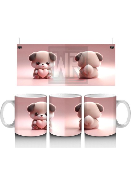 Kalp Tutan Sevimli Peluş Köpek Figürü - Baskılı Kahve Kupası