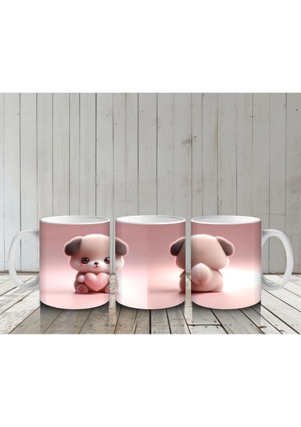 Kalp Tutan Sevimli Peluş Köpek Figürü - Baskılı Kahve Kupası