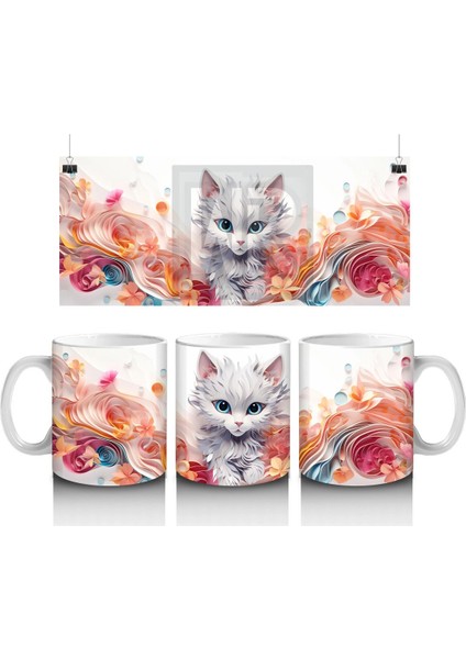 Turuncu Çiçekli Fon Üzerinde Beyaz Yavru Kedi – Baskılı Kahve Kupası