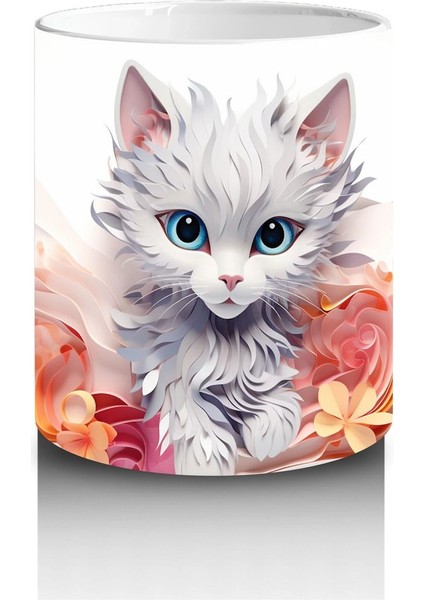 Turuncu Çiçekli Fon Üzerinde Beyaz Yavru Kedi – Baskılı Kahve Kupası modelleri