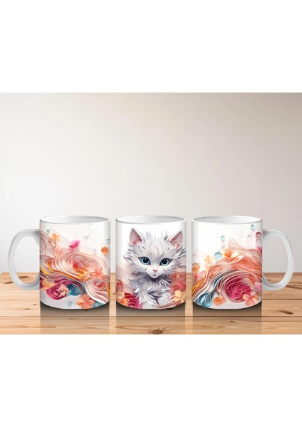 Turuncu Çiçekli Fon Üzerinde Beyaz Yavru Kedi – Baskılı Kahve Kupası indirimleri