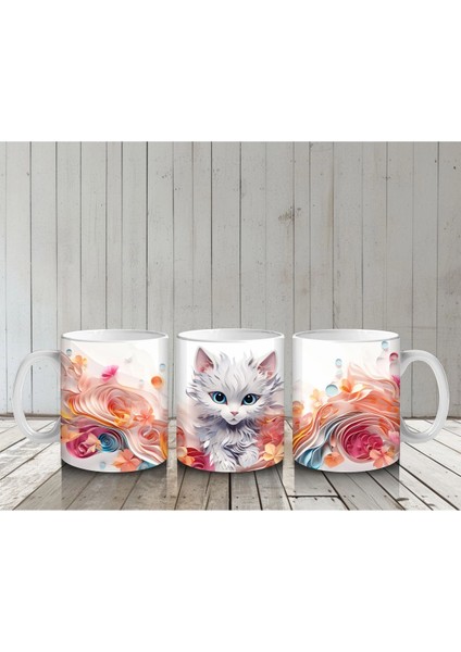 Turuncu Çiçekli Fon Üzerinde Beyaz Yavru Kedi – Baskılı Kahve Kupası
