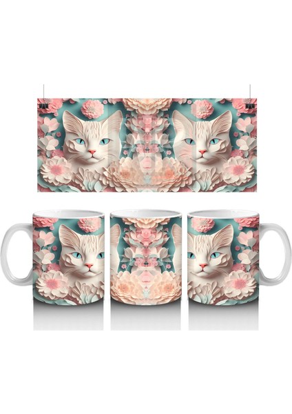 Süslemeli Fon Üzerinde Ayna Yansımalı Kediler – Baskılı Kahve Kupası