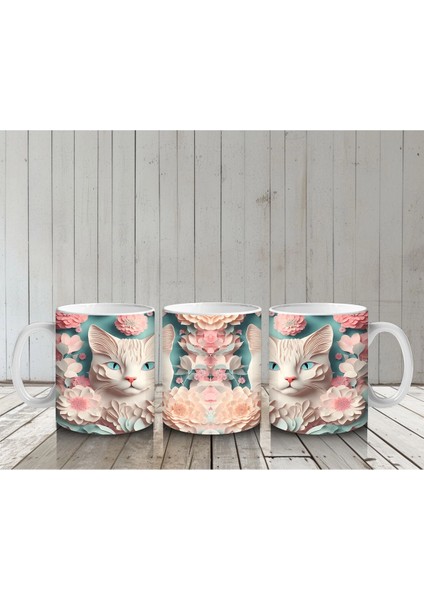 Süslemeli Fon Üzerinde Ayna Yansımalı Kediler – Baskılı Kahve Kupası