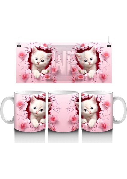 Pembe Çiçekli Arka Planda Sevimli Kedi Çifti - Baskılı Kahve Kupası