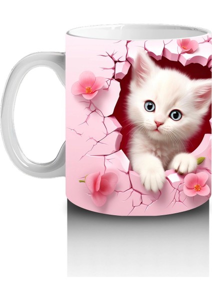 Pembe Çiçekli Arka Planda Sevimli Kedi Çifti - Baskılı Kahve Kupası fiyatları