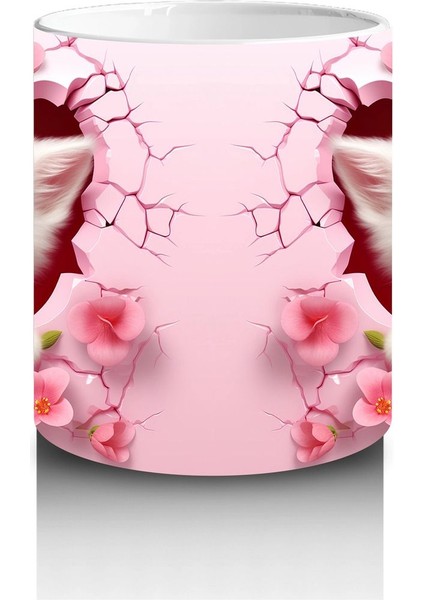 Pembe Çiçekli Arka Planda Sevimli Kedi Çifti - Baskılı Kahve Kupası modelleri