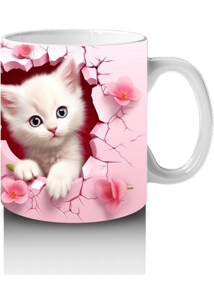 Pembe Çiçekli Arka Planda Sevimli Kedi Çifti - Baskılı Kahve Kupası fırsatları