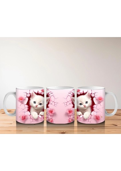 Pembe Çiçekli Arka Planda Sevimli Kedi Çifti - Baskılı Kahve Kupası indirimleri